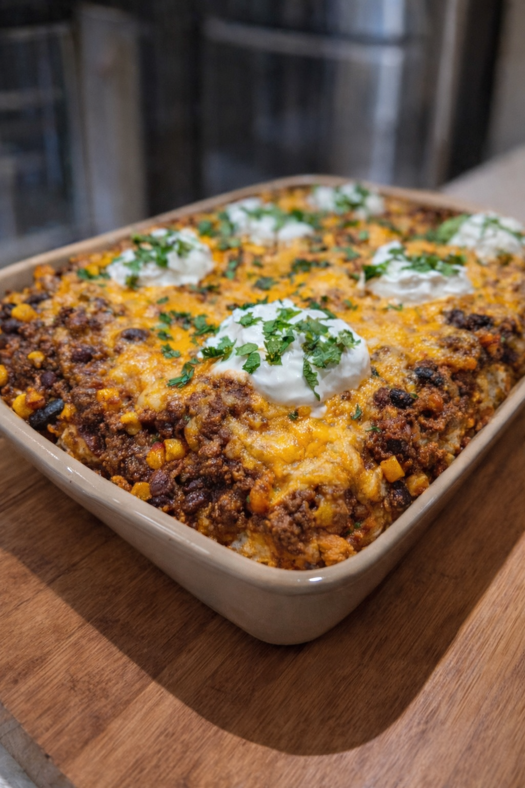 healthy cheeseburger casserole baked with melted cheese